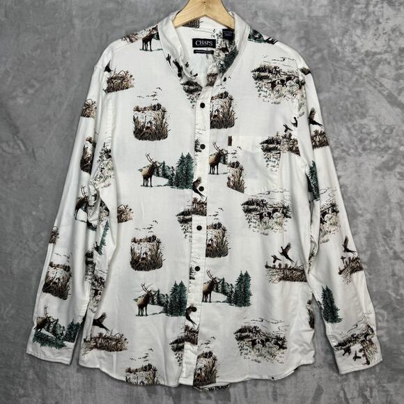 Chaps Shirt Mens 2XL White Wildlife Hunting Deer Duck Dog Print Flannel Button - Picture 1 of 11